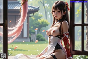 A woman with long hair and a red and white outfit poses thoughtfully indoors.