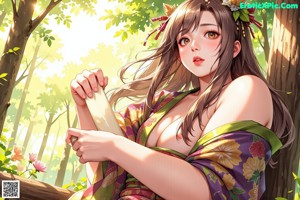 A woman in a kimono is posing naked in the woods.