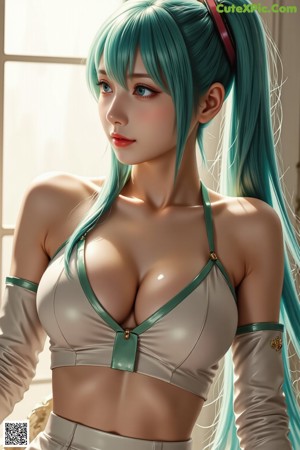 A girl with long green hair wearing a crown and headphones.