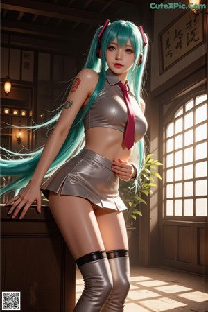 A woman with long blue hair wearing a green bra top.