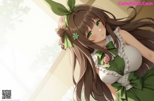 A woman in a green dress and white stockings posing for a picture.