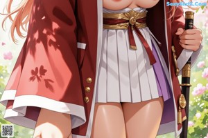 A woman with long red hair in a traditional red and purple outfit stands amidst cherry blossoms.