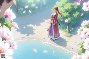 A woman in traditional attire with a sword stands in a forested path.