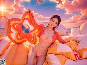 A woman in a pink bikini standing on a beach.