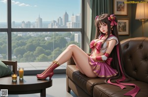 Anime girl with long black hair and a pink bow sitting on a bed.