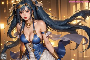 A woman with long blue hair standing in front of a window.