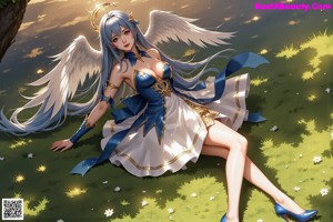 A woman with long blue hair sitting on a bench.