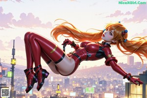 A woman in a red and white outfit is posing in the middle of a city.
