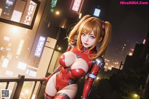 A woman in a red and black outfit posing in front of a city.