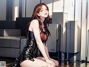 A woman in a black lingerie sitting on a bed.