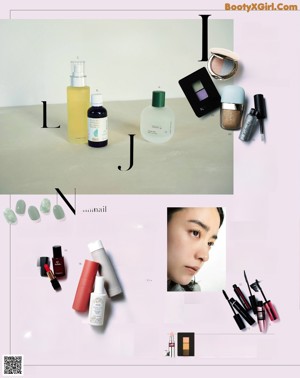 A magazine spread with a woman's face and makeup products.