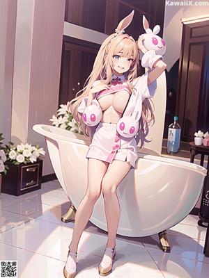 A woman in a white outfit standing on a bed.