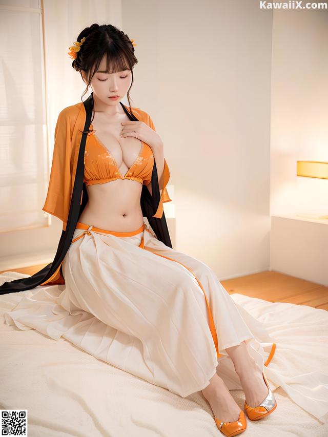 A woman in an orange and white outfit sitting on a bed.