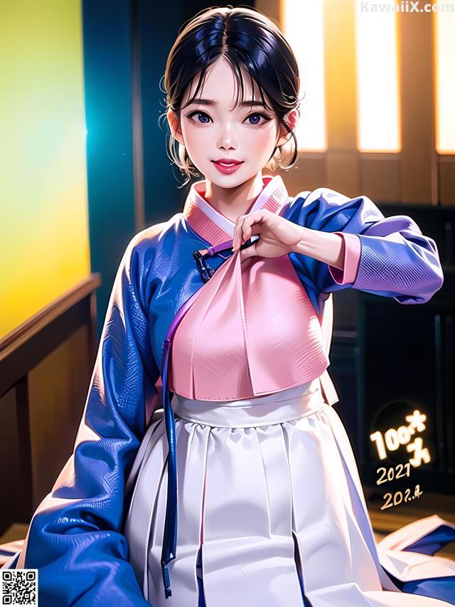 A woman in a blue and pink hanbok is posing for a picture.