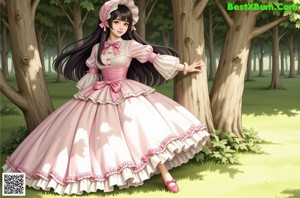 A girl in a green dress and hat sitting on the grass.