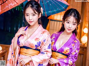 A woman in a pink kimono holding an umbrella.