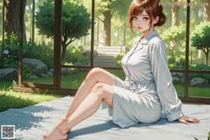 A naked woman sitting on top of a bed.