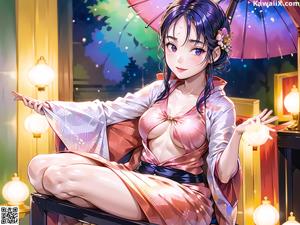 A woman in a pink kimono sitting on a bench holding an umbrella.