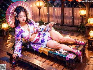 A woman in a blue kimono standing in a forest.