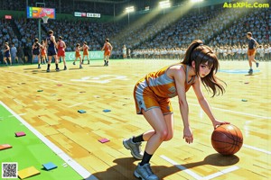 A woman in a basketball uniform holding a basketball on a court.