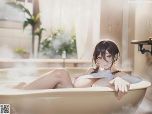 A woman taking a bath in a bathtub in a bathroom.