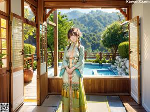 A woman in a blue kimono standing in front of a bed.