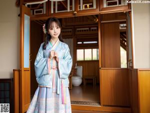 A woman in a blue kimono posing for the camera.