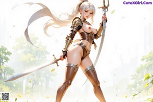 A woman with long hair and a leather outfit sits on a tree branch in a forest setting.