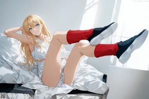 A naked anime girl standing in front of a white couch.