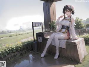 A woman in a kimono sitting in a pool of water.