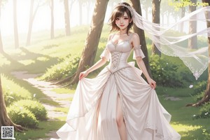 A woman in a wedding dress standing in the woods.