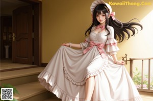 A woman in a white dress with a pink bow.