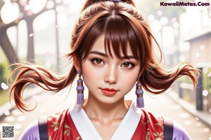 A woman with long red hair stands by a canal, holding a sword, surrounded by cherry blossoms and traditional architecture.