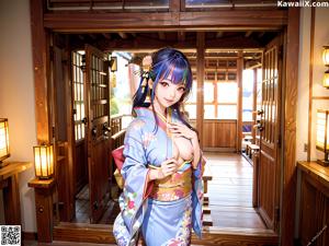 A woman in a blue kimono sitting on a wooden bench.