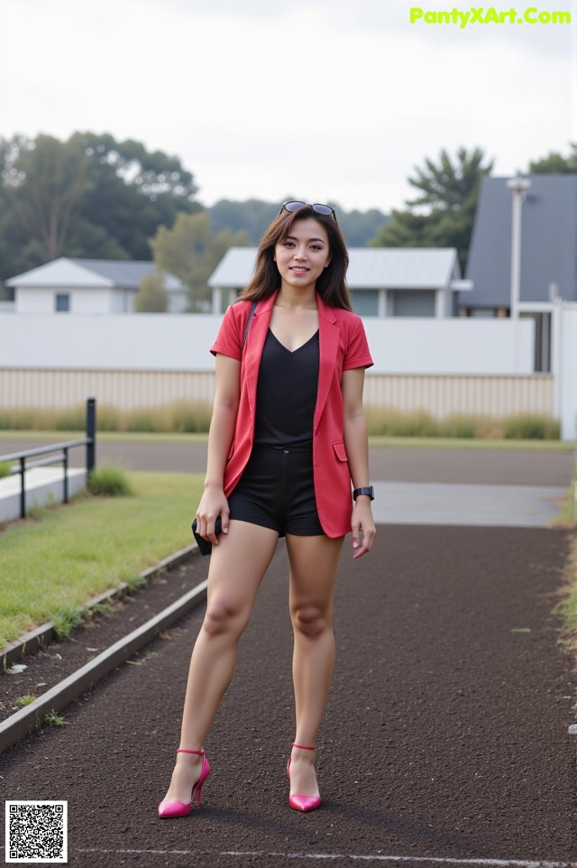 A woman in a red blazer and black shorts posing for a picture.