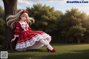 A woman in a red and white dress posing for a picture.