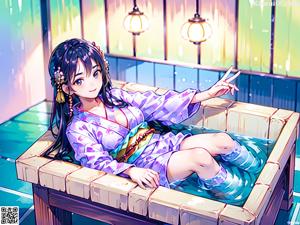 A woman in a purple kimono sitting on a bench.