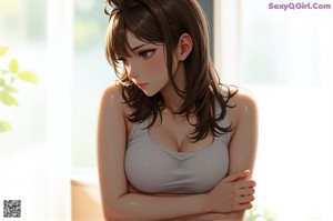 A naked anime girl laying on a bed with wet hair.