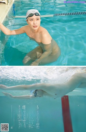 A woman in a bikini and a man in a swimming cap.