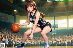 A woman in a green and yellow uniform holding a basketball.