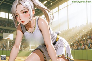 A girl in a basketball uniform crouching on a basketball court.