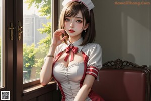 A woman in a nurse outfit sitting on a bed.