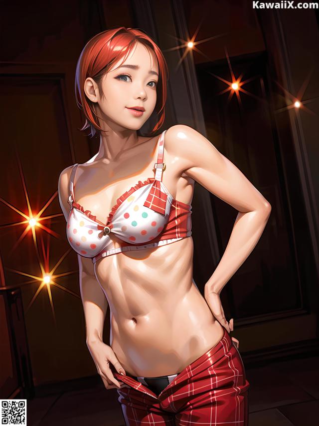 A woman in a red and white polka dot bra and plaid pants.