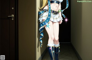 A woman in a white shirt and black skirt holding a sword.