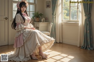 A woman in a pink dress standing by a window.