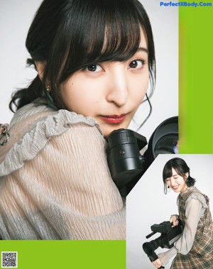 A magazine page with a picture of a woman with a backpack.