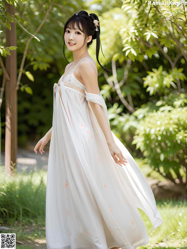 A woman in a white dress standing in the grass.